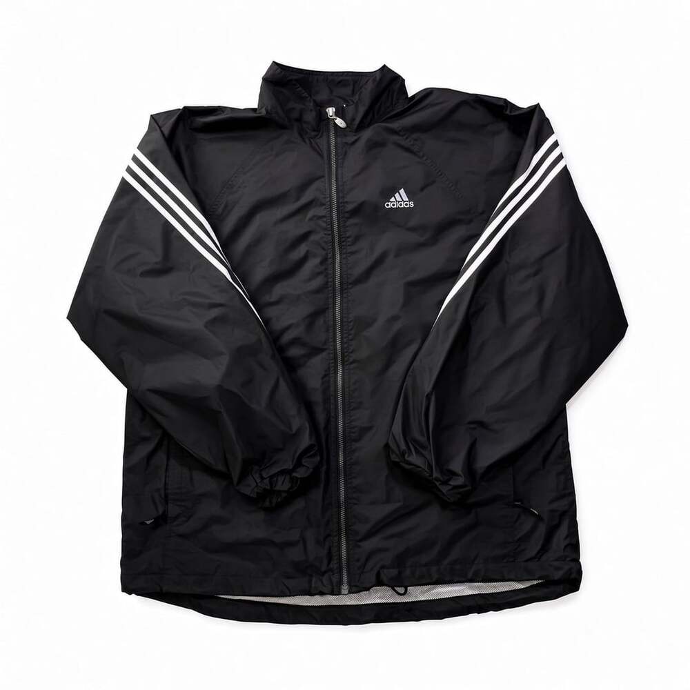 Vintage Adidas Black Full-Zip Windbreaker Jacket with White Three Stripes Size L
